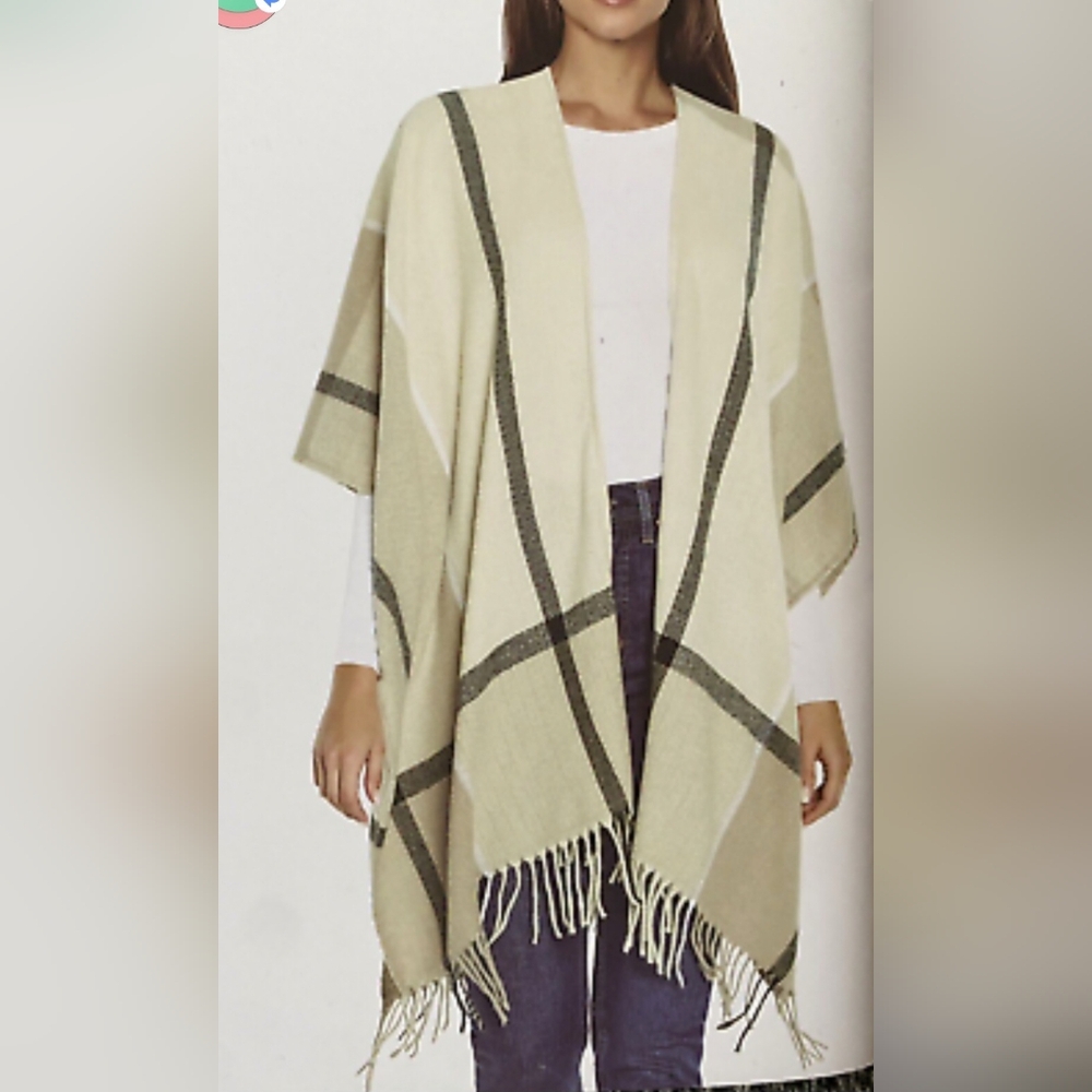 NWT Three Dot Cashmere Blend Wrap in Light Beige Large Plaid Pattern